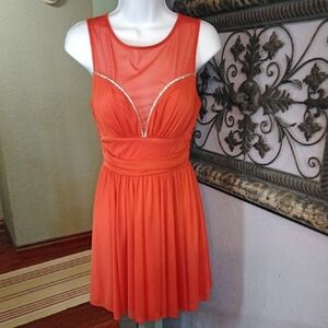 Tawny Orange Rhinestone Embellished Ruch Waist Knee-Length Cocktail Dress Sz M